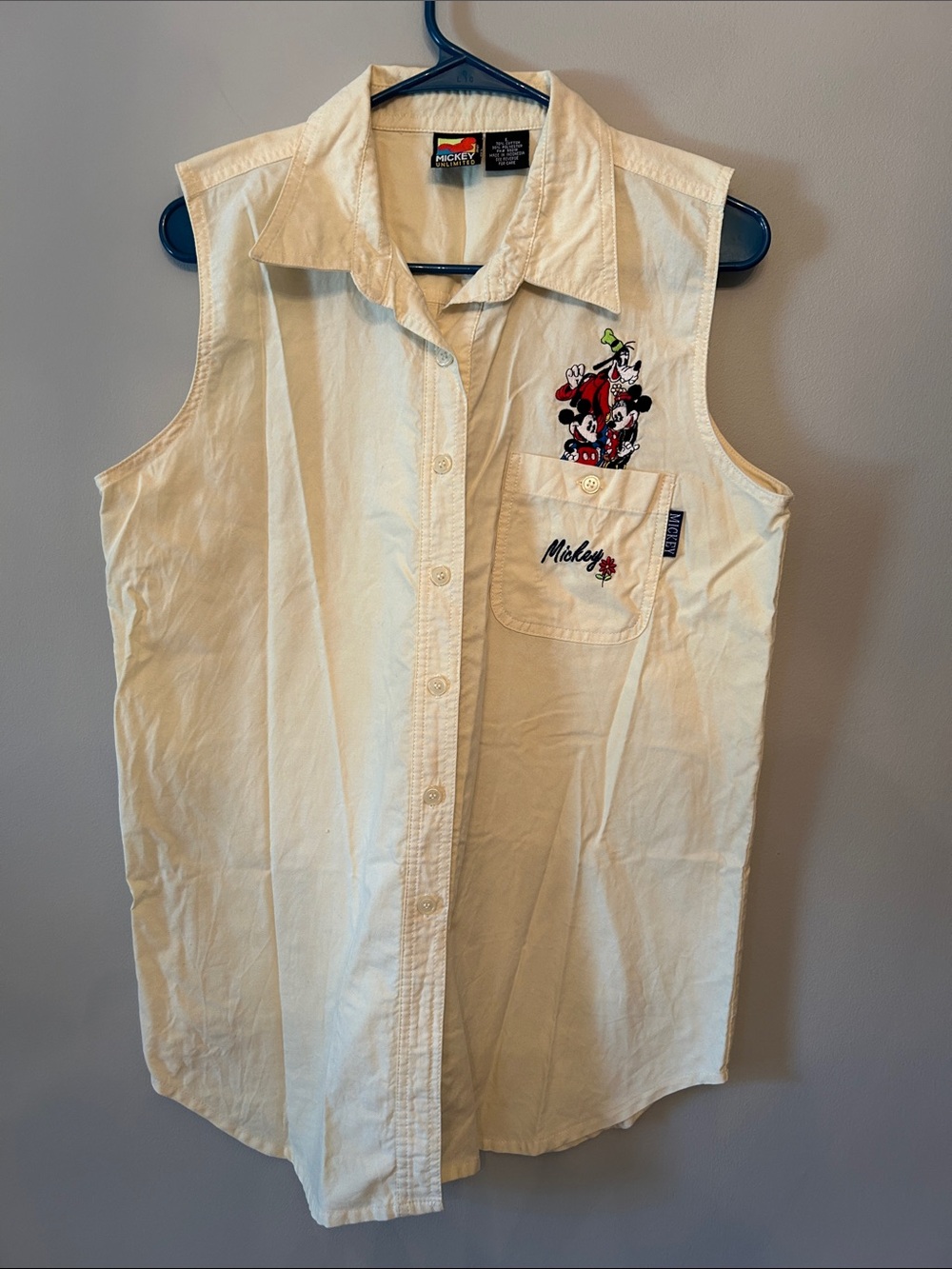 Mickey Women’s Butter Yellow Sleeveless Button Down with Embroidery, Size Large